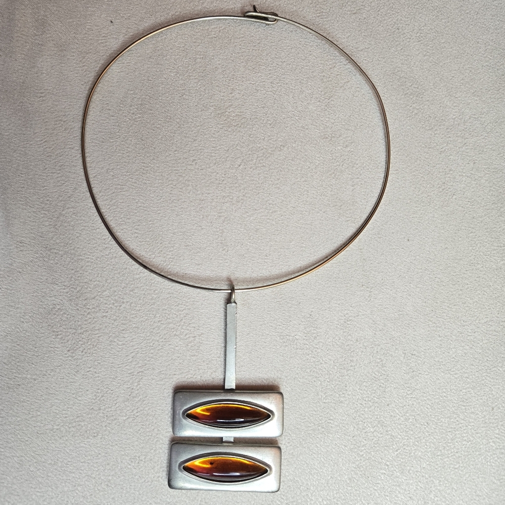Vintage Jorgen Jensen Cabochon Pewter Pendant Necklace 70s - Denmark